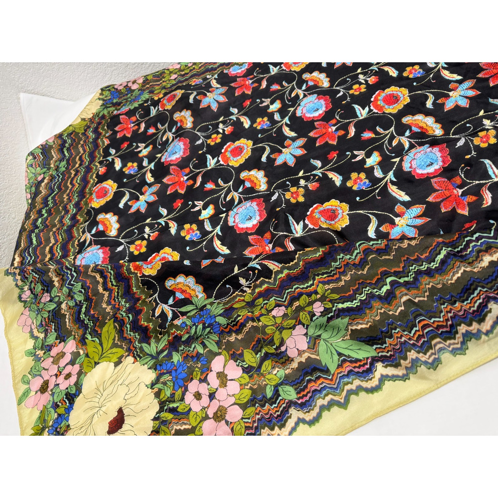 Johnny Was 100% Silk Scarf w Tassels Vintage Black Floral 42x42